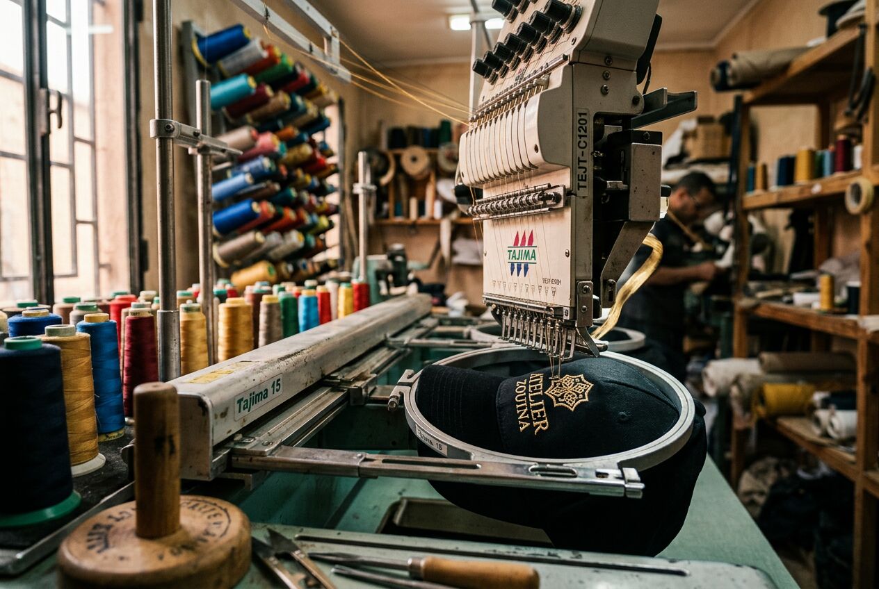 Industrial multi-head embroidery machine stitching a logo onto a black cap inside the MerchLab Studio workshop in Morocco