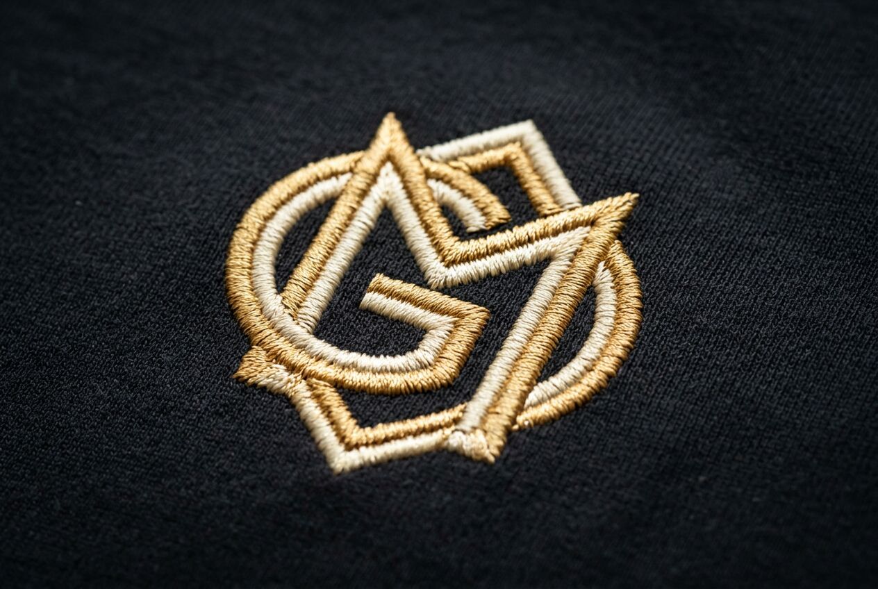 Close-up of premium gold and ivory thread embroidery on a charcoal cotton t-shirt