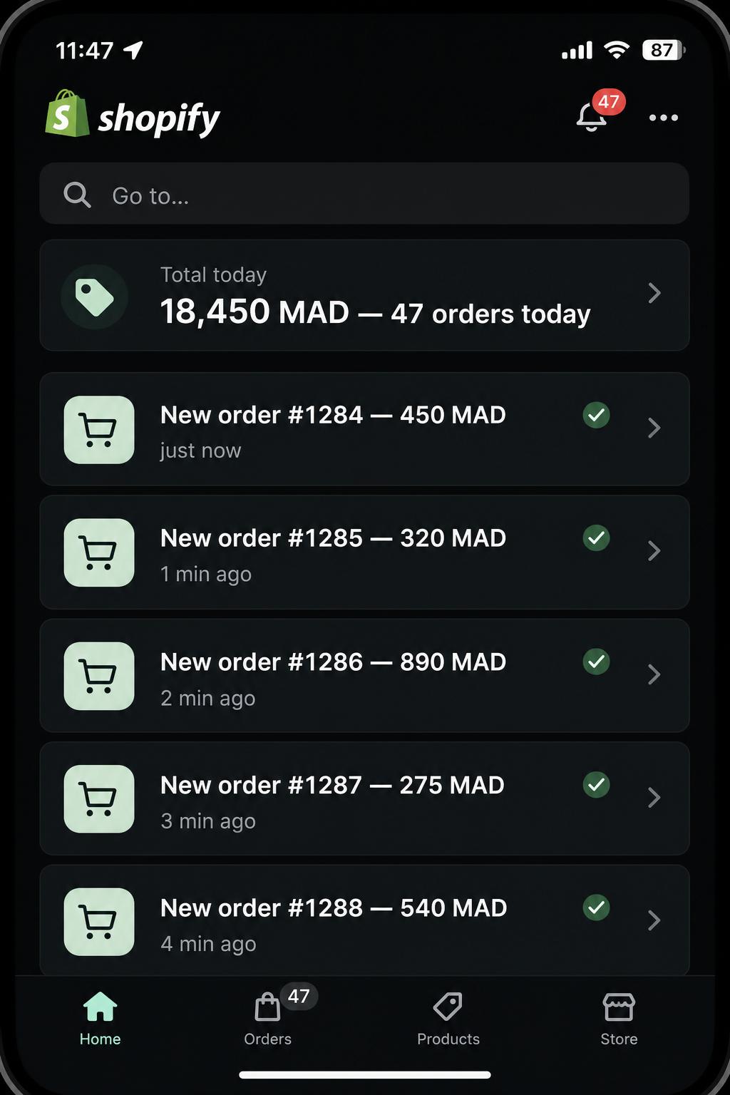 إشعارات طلبات Shopify على الهاتف — 47 طلب اليوم